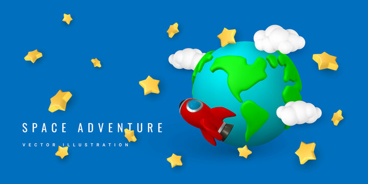 Cartoon 3d planet Earth with rocket spaceship, cloud and star in minimal style. Vector illustration