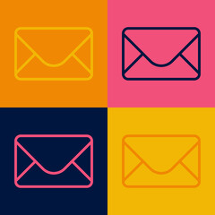 Pop art line Mail and e-mail icon isolated on color background. Envelope symbol e-mail. Email message sign. Vector