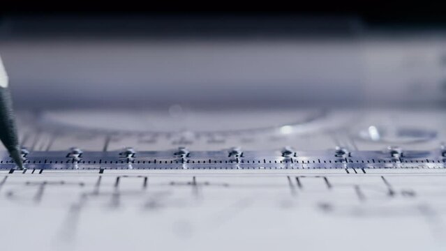 Drawing line with pencil and ruler, plan blueprint close-up. Architect designer working, interior creator making architectural house project, drafting building. 