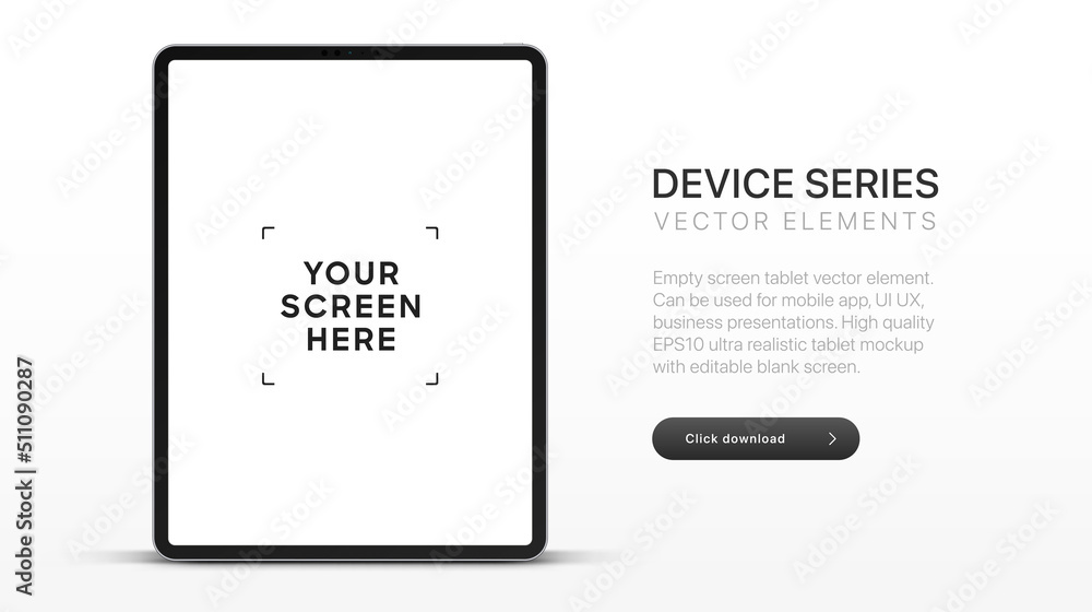 Poster 3D Tablet frame less blank screen. Empty screen tablet device mockup element. Can be used for mobile app, UI UX, business presentations. High quality EPS10 ultra realistic tablet with editable screen