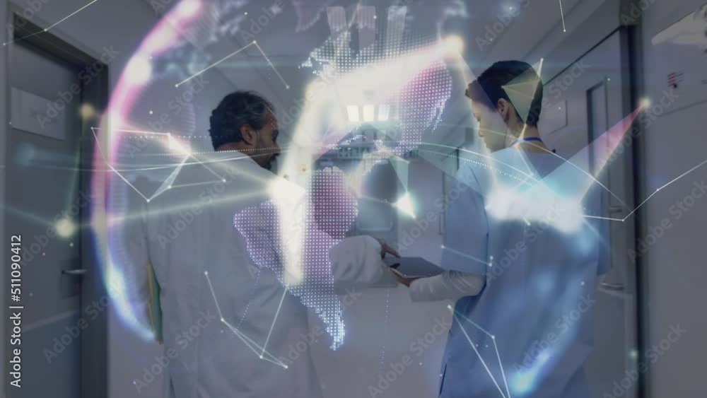 Poster animation of data processing over diverse doctors talking