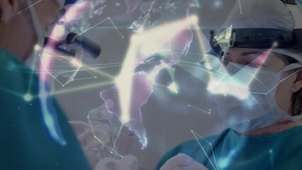 Animation of network of connections with globe over caucasian surgeons during surgery - Powered by Adobe