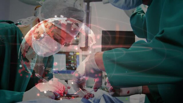 Animation of network of connections and globe over diverse surgeons during surgery