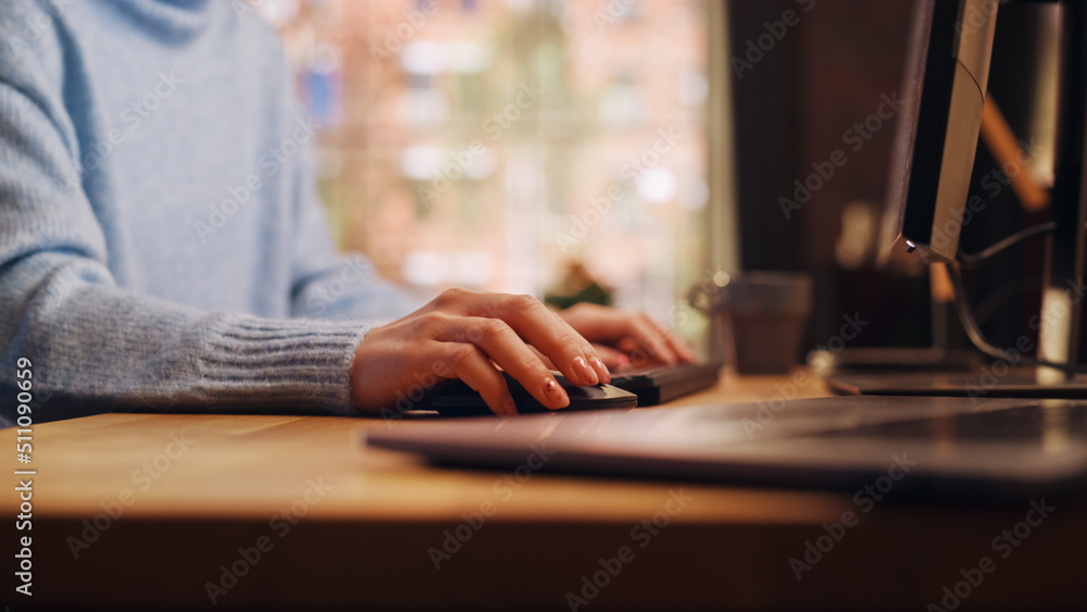 Leinwandbilder Close Up Footage of Person's Feminine Hands Use Computer while Sitting at a Table. Creative Designer in Blue Sweater Using Mouse, Typing on Keyboard. Monitor Display and Laptop on a Desk.