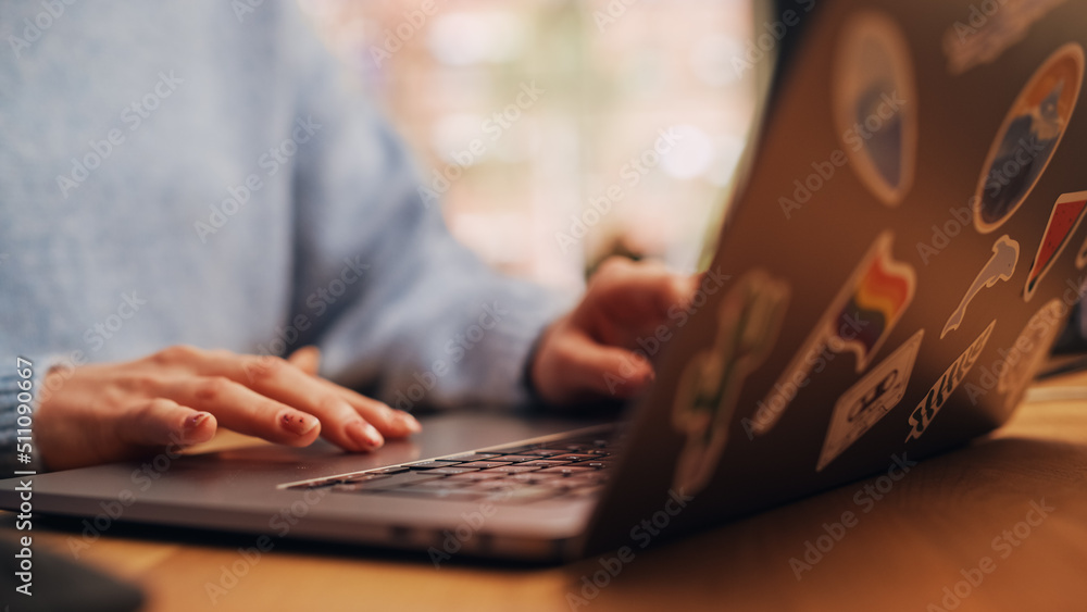 Poster close up footage of person's feminine hands use laptop computer with diverse lgbt stickers while sit