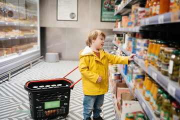 child in the market with a grocery cart, chooses a product. Shopping Day