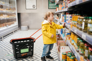 child in the market with a grocery cart, chooses a product