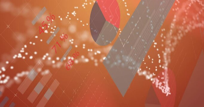 Animation of data processing and dna strand over red background