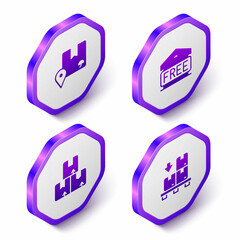 Set Isometric Location with cardboard box, Free storage, Carton and Cardboard boxes pallet icon. Purple hexagon button. Vector