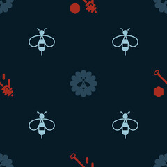 Set Honey dipper stick, Bee flower and on seamless pattern. Vector