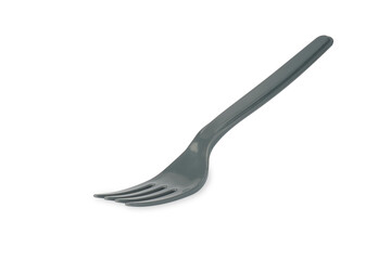 one gray plastic fork on white background.