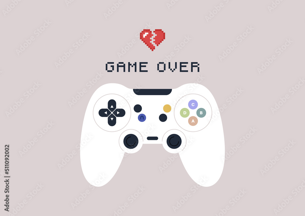 Poster a game controller with colorful buttons, an 8-bit broken heart, and a game over sign, a failure conc