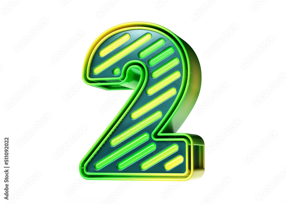 Poster yellow to green gaming style font 3d. shiny futuristic style number 2 isolated on white background. 