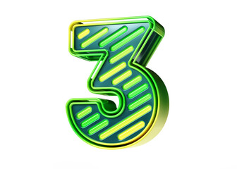 Lime color scheme font 3D. Flashy number 3 in yellow to green gradient isolated on white background. High quality 3D rendering.