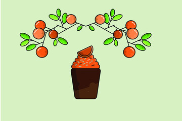 Orange cupcake with orange slice and sprinkles vector illustration, berry branch with cherries and apricots