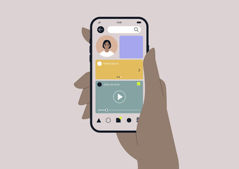 A social media network app interface, a young female Caucasian user digital profile