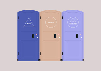 A set of isolated outdoor toilet cabins, women, men, and all gender signs