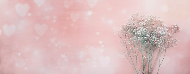 Gypsophila flower panorama with hearts on pink background - greeting card - mothers day, wedding,...