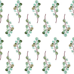 Seamless watercolor pattern. Green branches on a white background. Design for wrapping paper, textiles, postcards, covers