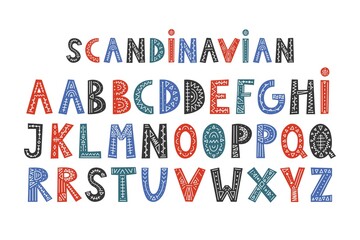 Alphabet in cartoon style. Characters in the Scandinavian style. Cute colorful vector English alphabet, hand-drawn font. Suitable for posters, postcard, label, brochure, leaflet, page, banner, design.