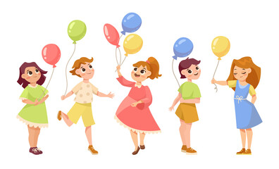 Obraz na płótnie Canvas Happy cartoon children with balloons vector illustrations set. Collection of drawings of funny kids holding balloons, birthday party isolated on white background. Celebration, childhood concept