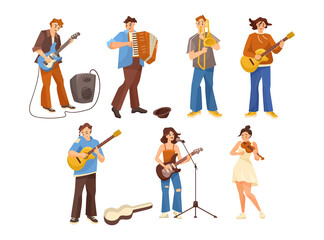 Cartoon musicians performing on street vector illustrations set. People playing electric or acoustic guitar, female and female guitarists, violin player on white background. Music, performance concept