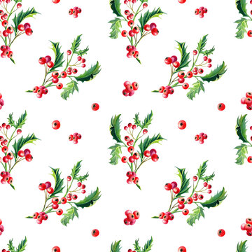 Christmas watercolor seamless pattern. Holly, leaves,berries,green twigs on white background