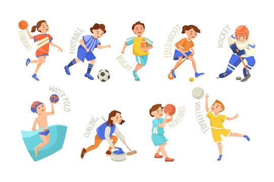 Children and different kinds of sports vector illustrations set. Boys and girls exercising and playing handball, water polo, football, basketball, hockey isolated on white background. Sports concept