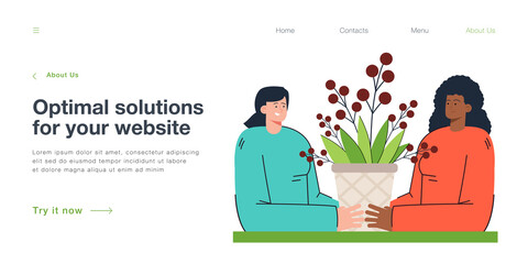 Afro-American and white women holding blooming plant. Female characters cultivating flower together flat vector illustration. Teamwork, cooperation concept for banner, website design, landing web page