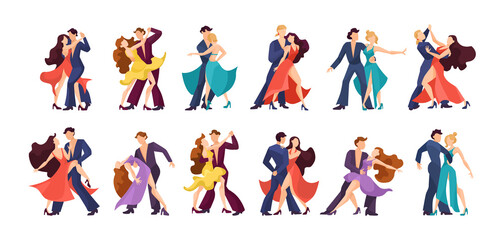 Fototapeta na wymiar Men and women dancing salsa or bachata vector illustrations set. Collection of couples of male and female Latino or merengue dancers at party or club on white background. Performance, music concept
