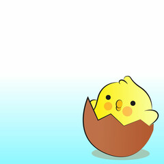 Cute round cartoon chicken in eggshell on blue background.