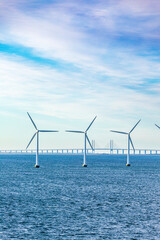 The Middelgrunden offshore wind farm in the Øresund near Copenhagen, Denmark - Øresund Bridge...