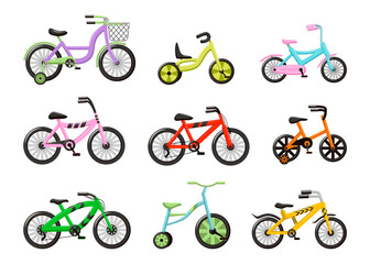 Obraz premium Cartoon set of bicycles and tricycles for children. Kids toy. Isolated object in cartoon design on a white background. Vector illustration