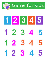 Game for the development of logic for preschool kids. Find a match by color number and card.   Preschool worksheet activity. Vector illustration