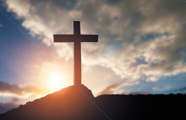Fototapeta premium Crucifixion At Sunset Of Jesus Christ, Cross On Hill