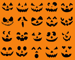 Set of Halloween pumpkin icons isolated on orange background. Creepy pumpkins cut silhouette. Halloween concept.