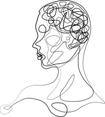 line silhouette of young woman on white illusration. Concept for logo, ptint, psyhology, beauty