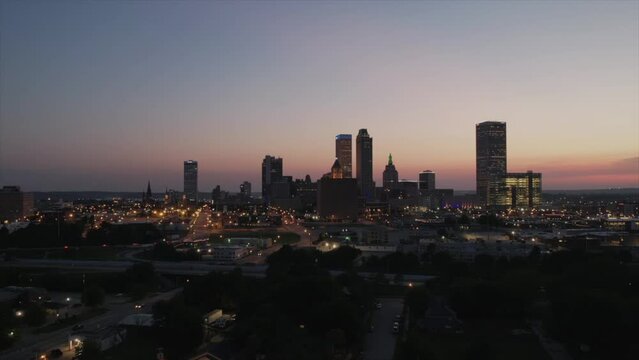 Tulsa Oklahoma Downtown Aerial View Sunset Hyperlapse