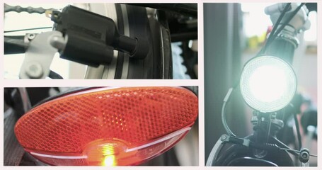Work of a dynamo machine on bicycle. The front headlight and taillight are on. Collage. The dynamo is spinning due to the wheel of bike.