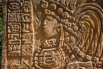 Salou, spain - May 20, 2022: Replica of a stone engraving of Moctezuma, king of the Mayan empire,...