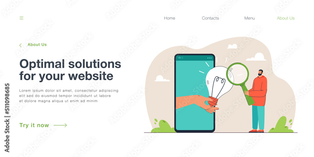 Poster man with magnifier in front of smartphone with lightbulb. person looking for idea or solution flat v
