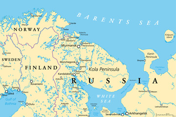 Murmansk Oblast and Kola Peninsula, political map. Federal subject of Russia, part of Lapland region, bordering Norway and Finland. With Murmansk, most important port city of Russia on Arctic Ocean.