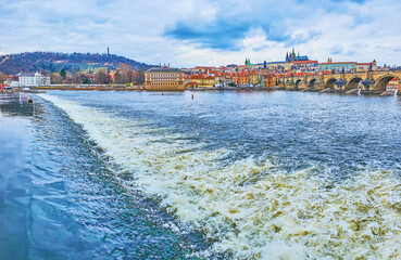 The rapid on Vltava River in front of Charles Bridge, Prague, Czech Republic