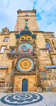 Prague Astronomical Clock on wall of Old Town Hall, Old Town Square, on March 5 in Prague, Czech Republic