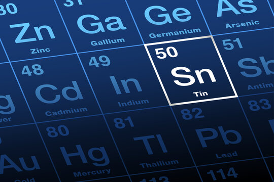 Tin on periodic table of the elements. Soft, easy to bend and cut metal. Chemical element with Symbol Sn, from Latin stannum, and with atomic number 50. Used for alloys, plating of steel and tin cans.