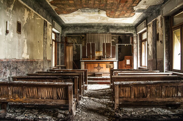 July 2022, Italy. Urbex in Italy. Abandoned chapel in a boarding school