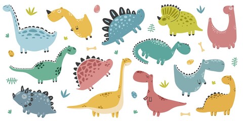 Cute hand drawn kids illustration with dinosaurs in scandinavian style, print, poster. Children's set of funny reptiles, dinosaurs, tyrannosaurs. Color vector illustration.