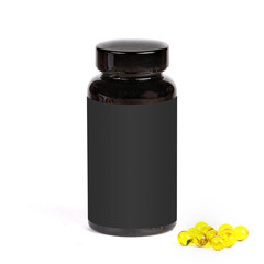 Blank black plastic bottle for cosmetics isolated on white background with yellow fish oil capsules