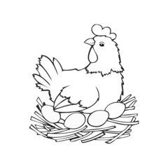 A chicken is sitting in a nest and hatching eggs, monochrome picture, vector illustration
