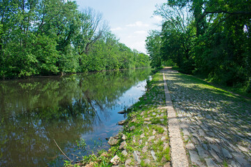 Footpath along the Delaware and Raritan Canal at Kingston, New Jersey. This section of the path is...